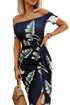 Print Off Shoulder Slit Bodycon Midi Dress